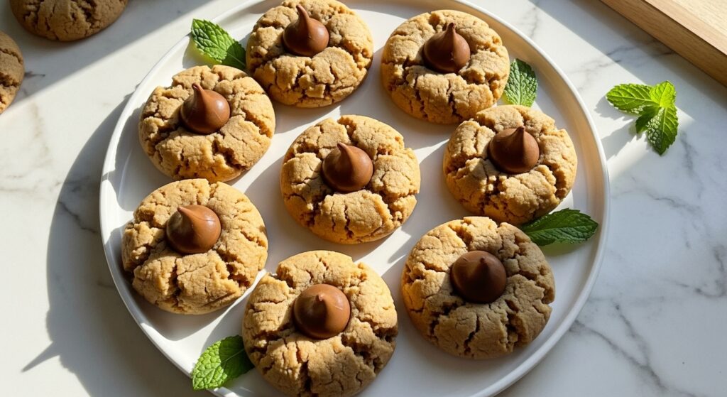 A visually stunning, warm-toned 16:9 overhead shot of several perfectly baked Peanut Butter Blossoms arranged on a minimalist white serving platter. Each cookie is golden brown, slightly crinkled, with a glistening milk chocolate Hershey's Kiss nestled in its soft center. The platter sits on a light marble countertop with subtle wood accents in the background, bathed in soft natural morning light from the east window. A few fresh mint leaves are artfully placed for garnish, and faint, soft shadows highlight the texture of the cookies, emphasizing their delicious appeal. No hands are visible.