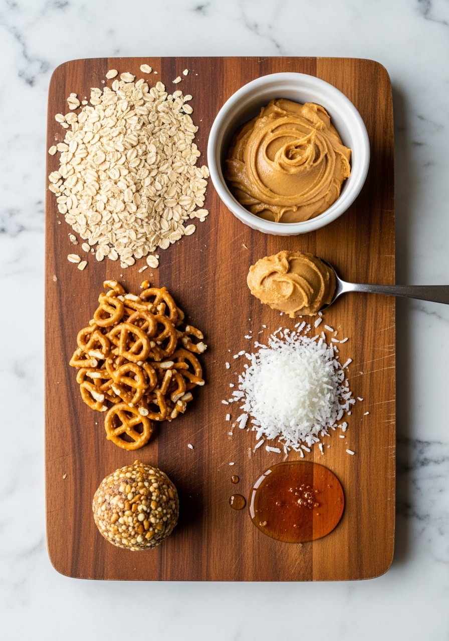 A vibrant flat lay of key ingredients for Peanut Butter Pretzel Energy Bites: rolled oats, a spoonful of creamy peanut butter in a small ceramic bowl, crushed pretzels, shredded coconut, and a drizzle of honey, all neatly arranged on the same wooden cutting board on marble countertops under natural morning light.