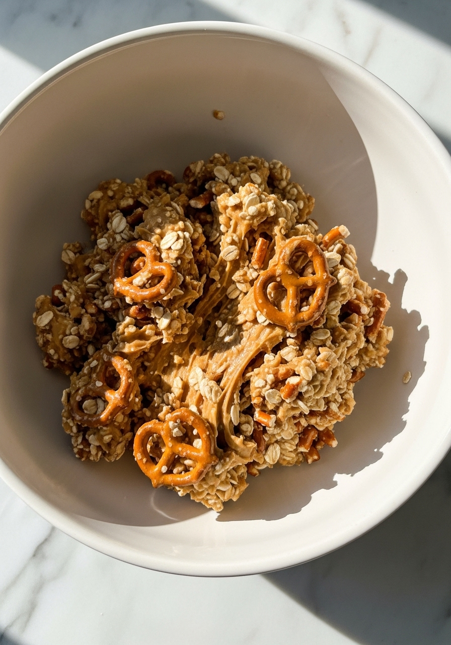 An action shot of the energy bite mixture being pressed together in a minimalist ceramic bowl, showing the cohesive texture of oats, peanut butter, and crushed pretzels. The natural morning light creates soft shadows, and the marble countertops are visible in the background. NO HANDS.