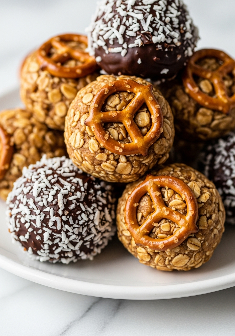 A mouth-watering close-up of several Peanut Butter Pretzel Energy Bites piled on a minimalist white plate, focusing on the golden brown oats, crunchy pretzel bits, and the contrasting textures of shredded coconut coating and rich dark chocolate dip. Natural morning light highlights the delicious details, with soft shadows and a clean presentation on marble countertops.