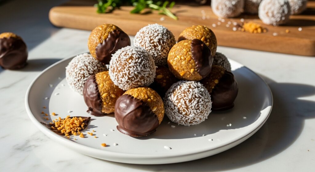 A beautifully arranged pile of round, deliciously appealing Peanut Butter Pretzel Energy Bites on a minimalist white plate, some coated in shredded coconut, others partially dipped in dark chocolate, showcasing their varied textures. A few artful crumbs of coconut and a slight smudge of chocolate are on the plate, all bathed in natural morning light from the east window, with soft shadows. The marble countertops and the same wooden cutting board are visible in the background, with fresh herbs subtly present.