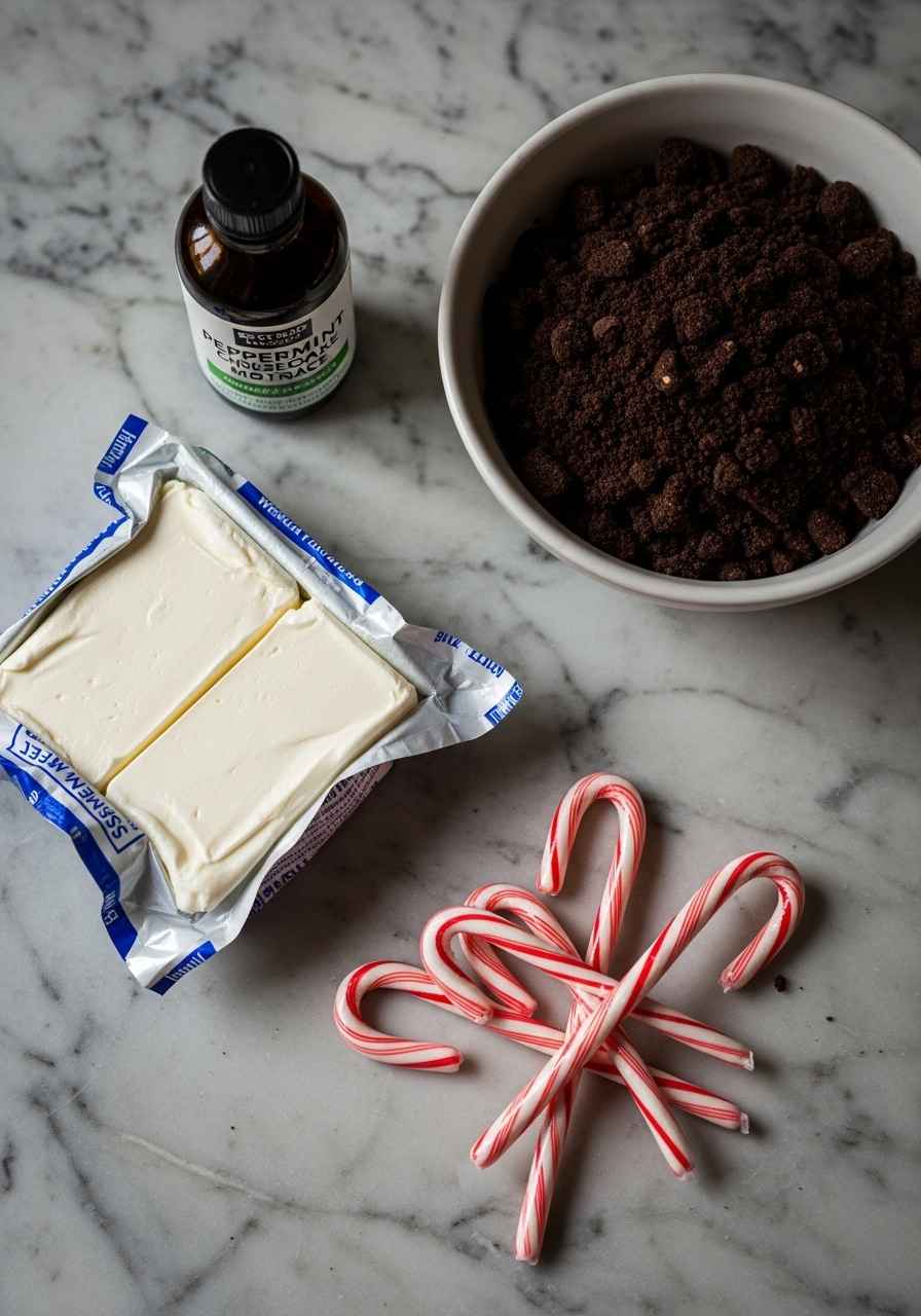 A 3:4 overhead shot of key raw ingredients for Peppermint Cheesecake Mousse Cups arranged on a soapstone countertop. Features softened cream cheese in its wrapper, a bottle of peppermint extract, a bowl of chocolate cookie crumbs, and a small pile of candy canes. Moody, dramatic lighting with deep shadows and rich colors, embodying an elegant mess in a passionate artisan's workspace.