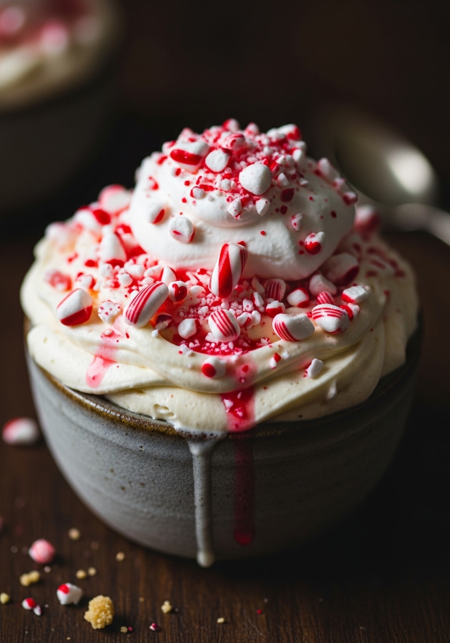 A 3:4 close-up detail shot of the top of a single Peppermint Cheesecake Mousse Cup. The creamy, smooth peppermint mousse is visible, generously topped with glistening, vibrant red and white crushed candy canes and a dollop of freshly whipped cream. The cup is rustic artisanal pottery, sitting on a dark wood countertop with deep shadows and moody lighting. A few artful crumbs and a slight drip add authenticity and appetite appeal.