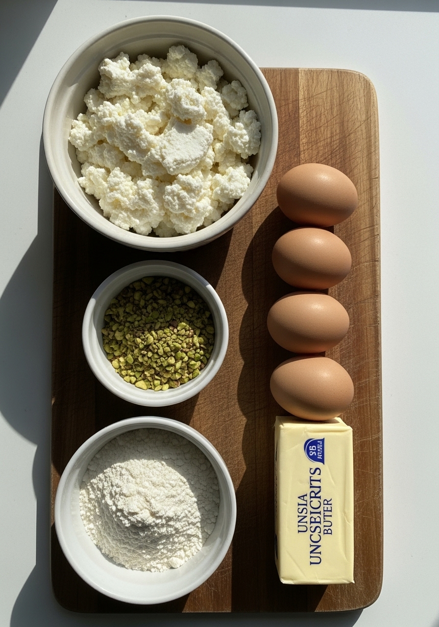 A beautiful overhead shot of key ingredients for delicious pistachio ricotta cookies laid out neatly on the wooden cutting board. This includes a ceramic bowl of creamy, well-drained ricotta cheese, a small bowl of vibrant green chopped pistachios, fresh eggs, flour, and a stick of unsalted butter, all bathed in natural morning light from an east window. Soft shadows are visible, and the scene is clean and tidy. No hands or people.