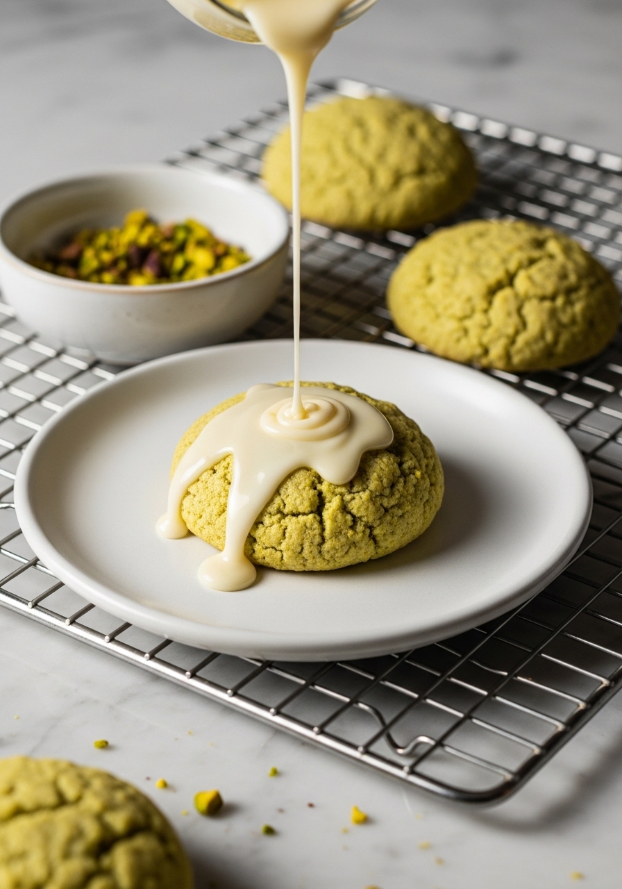 A close-up action shot capturing the moment a glossy creamy white glaze is being artfully drizzled over a freshly baked, pale greenish-yellow pistachio ricotta cookie, sitting on a minimalist white plate resting on a cooling rack placed on a marble countertop. A small ceramic bowl of vibrant green chopped pistachios is ready nearby for sprinkling. Natural morning light highlights the textures, with soft shadows and warm tones. No hands or people.