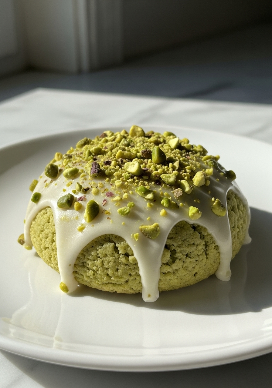 A delicious close-up, slightly angled shot of a single glazed pistachio ricotta cookie, showcasing its soft, cake-like, pale greenish-yellow texture, the delicate creamy white glaze dripping down the sides, and the generous sprinkle of vibrant green chopped pistachios and finer specks on top. The cookie rests on a minimalist white plate on a marble countertop, bathed in natural morning light from an east window with soft shadows. No hands or people.