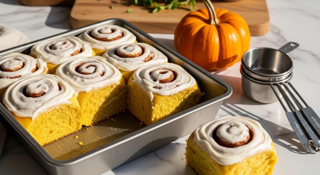 A warm, inviting scene of deliciously appealing, freshly baked pumpkin cinnamon rolls in a metal baking pan, generously slathered with creamy white cream cheese frosting, with one or two rolls carefully removed, showcasing the golden-yellowish dough and distinct cinnamon swirls. A small decorative orange pumpkin sits artfully near the pan, along with a stack of minimalist metal measuring cups, all bathed in natural morning light on marble countertops with subtle soft shadows. The same wooden cutting board is subtly visible in the background, with a few fresh herbs, creating a clean and tidy presentation with warm tones.