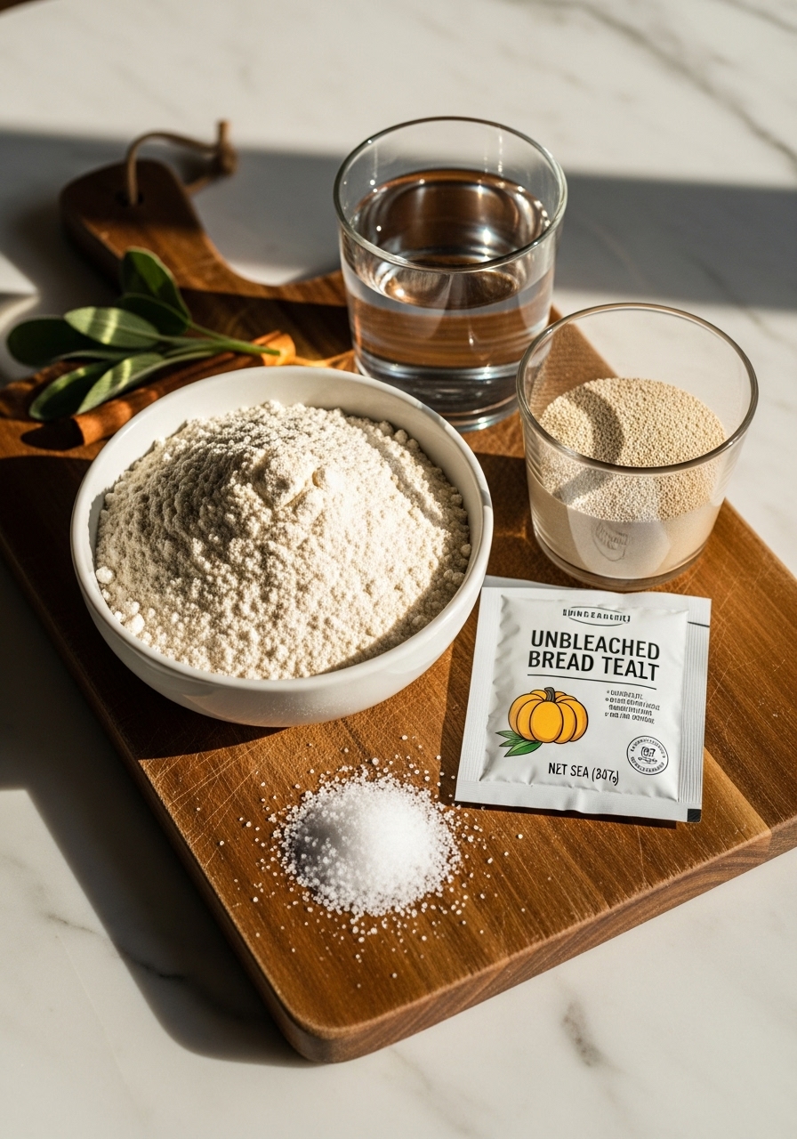 A beautiful, rustic arrangement of key ingredients for pumpkin shaped artisan bread: a bowl of unbleached bread flour, a glass of warm water, a packet of yeast, and a small pile of fine sea salt, all artfully arranged on the wooden cutting board on marble countertops under natural morning light. Fresh sage leaves and a cinnamon stick are subtly visible, hinting at the final garnish. Clean and tidy presentation with warm tones and soft shadows. No hands or people.