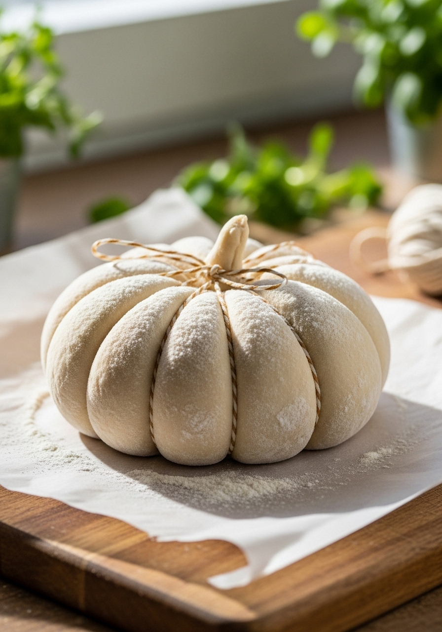 A close-up action shot of dough being shaped. The unbaked, flour-dusted pumpkin shaped artisan bread dough is gently wrapped with baker's twine to create its signature ridges, sitting on a piece of parchment paper on the wooden cutting board. The scene is brightened by natural morning light, with fresh herbs visible in the soft-focus background, showcasing the lived-in kitchen environment. No hands or people.