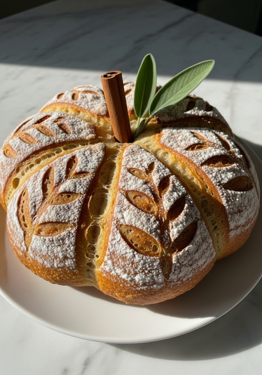 An insanely yummy, detailed close-up shot of a baked pumpkin shaped artisan bread, focusing on the crispy, flour-dusted crust and the intricate scoring. A single cinnamon stick and a few vibrant sage leaves are tucked in at the top. The bread is on a minimalist white plate, resting on marble countertops, with warm natural light highlighting its golden-brown texture and soft shadows. No hands or people.