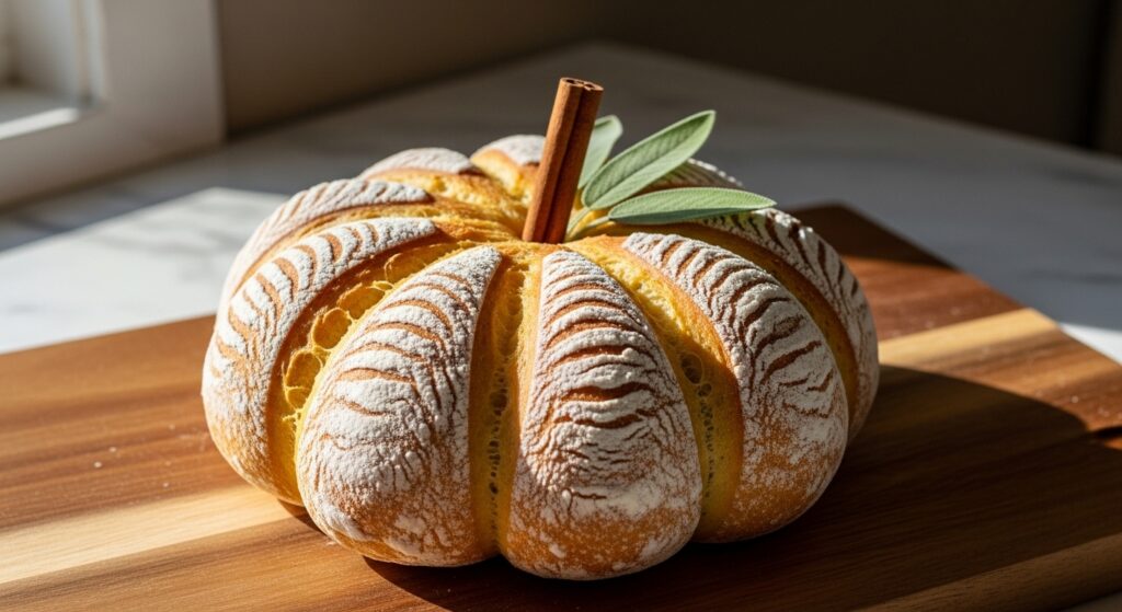 A mouth-watering, perfectly baked pumpkin shaped artisan bread, golden brown with prominent flour-dusted ridges, garnished with a single cinnamon stick stem and a couple of vibrant green sage leaves. It's elegantly presented on a beautiful wooden cutting board on marble countertops, bathed in soft natural morning light from the east window. The background features subtle warm tones, a clean and tidy setting with soft shadows. No hands or people.