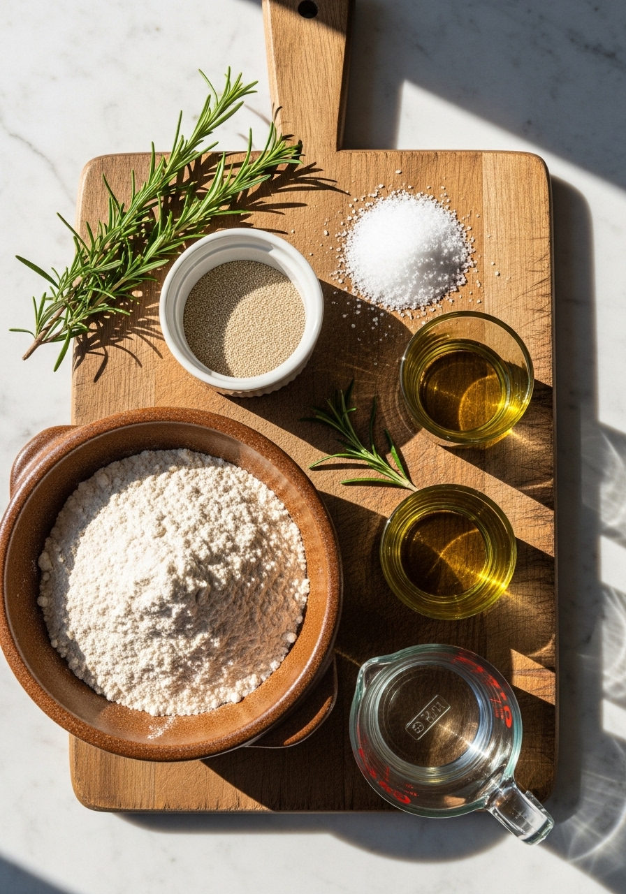 A beautifully arranged flat lay of key ingredients for Rustic Italian Bread on the wooden cutting board. This includes a rustic ceramic bowl with all-purpose flour, a small ramekin with active dry yeast, a pile of coarse salt, a small glass of olive oil, and a measuring cup of warm water. Fresh rosemary sprigs are scattered nearby. All bathed in natural morning light on marble countertops, creating soft shadows and a warm, inviting atmosphere, without any hands.
