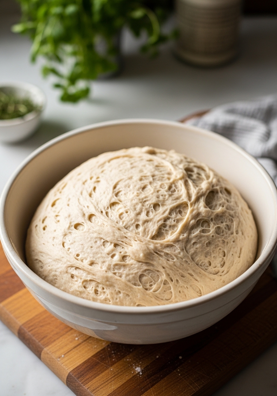 A rustic Italian Bread dough in a ceramic bowl after its first rise, perfectly doubled in size and showing visible bubbles, signifying successful fermentation. The dough is slightly shaggy and sticky, hinting at its high hydration. The bowl is set on the wooden cutting board on marble countertops under natural morning light. Fresh herbs are blurred in the background, creating a cozy and authentic kitchen scene, no hands visible.