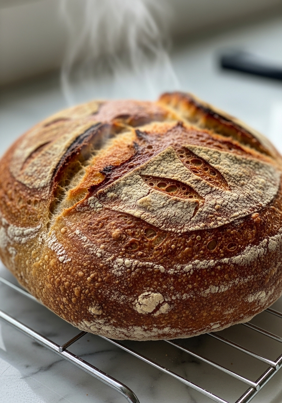 A close-up, angled shot of a just-baked Rustic Italian Bread loaf, showing its deeply golden brown, incredibly crusty exterior. Steam is subtly rising from a few score marks. The focus is on the rustic texture and rich color, with the bread resting on a wire rack on marble countertops in soft natural morning light. A few artful flour dustings or crumbs add to the authentic homemade feel, no hands.