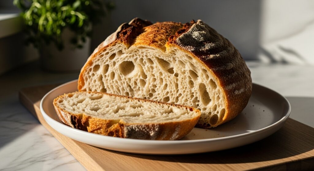 A delicious, warm, golden brown Rustic Italian Bread loaf, sliced to reveal an incredibly airy and open crumb, beautifully plated on a minimalist white plate. It rests on the wooden cutting board on marble countertops, with natural morning light streaming from an east window. Fresh herbs are visible in the soft-shadowed background. The scene is clean and tidy with warm tones, focusing on the irresistible texture and homemade charm.