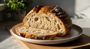 A delicious, warm, golden brown Rustic Italian Bread loaf, sliced to reveal an incredibly airy and open crumb, beautifully plated on a minimalist white plate. It rests on the wooden cutting board on marble countertops, with natural morning light streaming from an east window. Fresh herbs are visible in the soft-shadowed background. The scene is clean and tidy with warm tones, focusing on the irresistible texture and homemade charm.