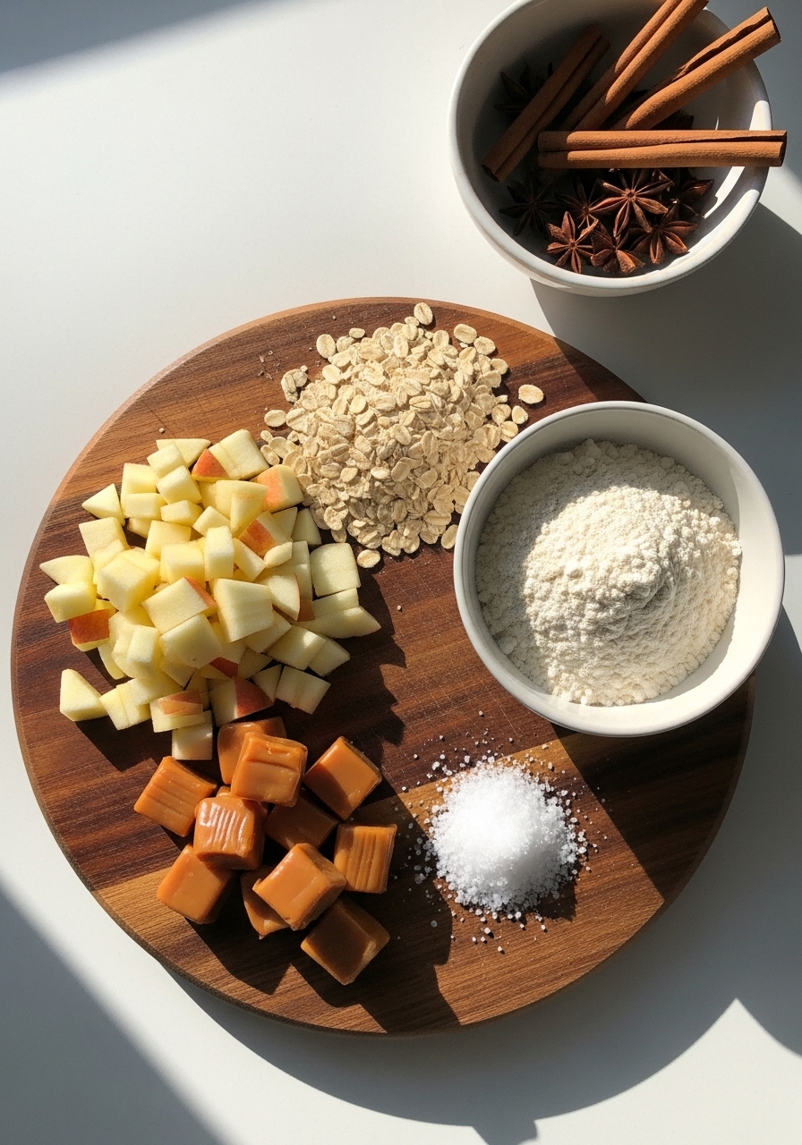 An overhead flat lay of key ingredients for rustic Salted Caramel Apple Cookies, including finely diced apples, rolled oats, chunks of soft caramel candies, a bowl of all-purpose flour, and a small pile of coarse sea salt, all arranged on the same wooden cutting board. The scene is bathed in natural morning light from an east window, casting soft, warm shadows. A minimalist ceramic bowl containing fresh cinnamon sticks and whole star anise is visible in the background, adding an aromatic touch.