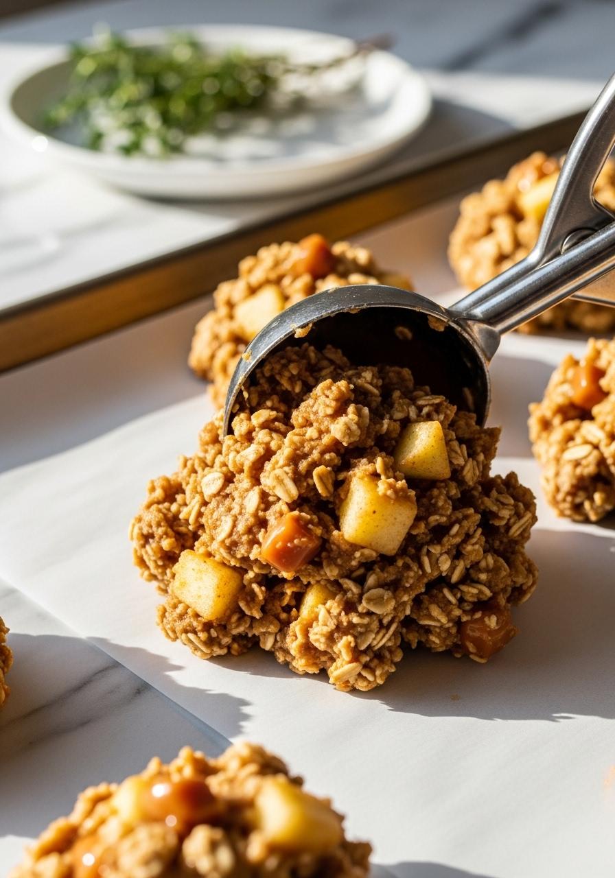 A close-up action shot on a marble countertop, focusing on golden-brown Salted Caramel Apple Cookie dough, rich with visible oats, diced apples, and chopped caramel, being scooped onto a parchment-lined baking sheet. Natural morning light from an east window illuminates the dough, highlighting its rustic texture and inclusions. Soft shadows create depth, and a sprig of fresh thyme in a minimalist white plate is subtly placed in the background, maintaining a clean and tidy aesthetic.