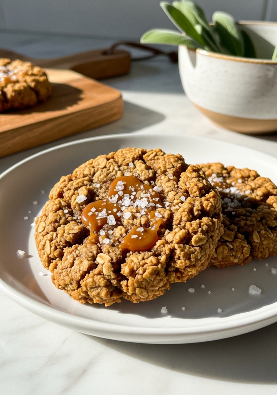 A detailed, mouth-watering close-up of two warm, golden-brown Salted Caramel Apple Cookies, generously sprinkled with flaky sea salt, stacked slightly on a minimalist white plate. The cookies display their rustic, chewy texture with visible oats and gooey caramel peeking through. The plate rests on a light marble countertop, beautifully lit by natural morning light from an east window, creating soft, warm shadows. A hint of the same wooden cutting board is visible in the background, alongside a ceramic bowl with fresh sage. Clean and tidy presentation.