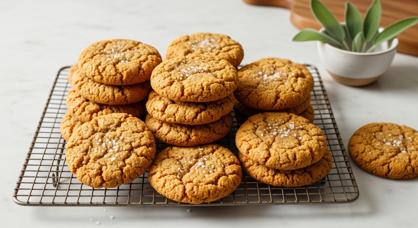 A beautifully composed wide shot of a generous stack of golden-brown Salted Caramel Apple Cookies, showing their rustic, chewy texture and glistening flaky sea salt, on a vintage-style wire cooling rack. The rack is artfully placed on a light marble countertop, accented by a subtle wooden cutting board peeking from the background. Natural morning light pours in from an east window, casting soft shadows, while a small ceramic bowl with fresh sage sprigs adds a touch of green. The overall presentation is warm, clean, and tidy, reflecting genuine love for the process.