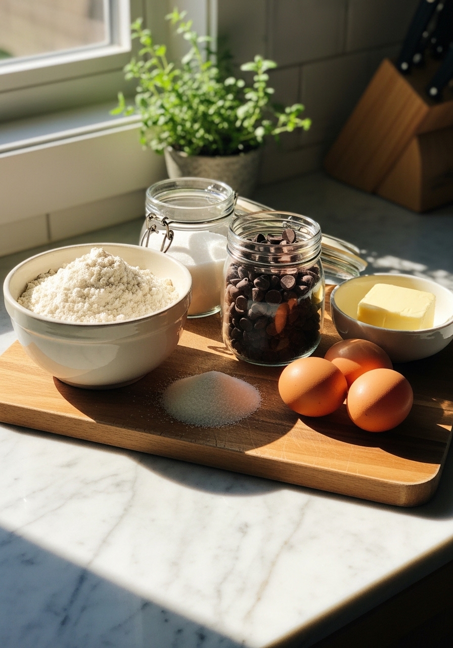 Neatly arranged key cookie ingredients (flour in a ceramic bowl, sugar, chocolate chips in a glass jar, butter, eggs) artfully placed on the same wooden cutting board, on marble countertops, bathed in soft, natural morning light from the east window. Fresh herbs in a small pot are visible in the background, creating warm tones and soft shadows. NO HANDS.