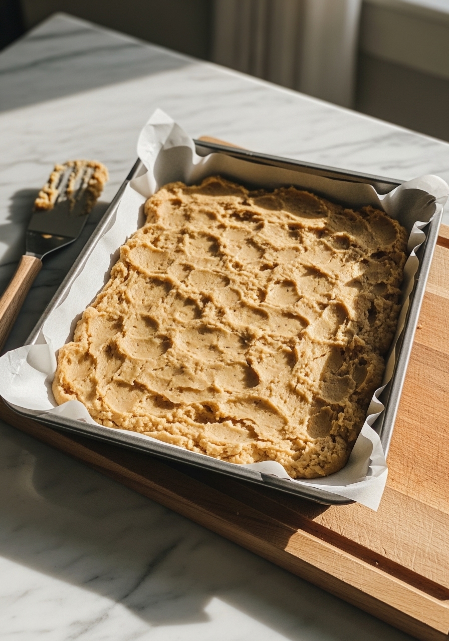 An action shot of the raw sheet pan cookie dough, evenly pressed into a parchment-lined 13x18-inch baking pan, ready for the oven. A spatula is resting beside the pan on the marble countertops. Natural morning light illuminates the scene, with the wooden cutting board peeking into the frame and warm tones dominating. NO HANDS.