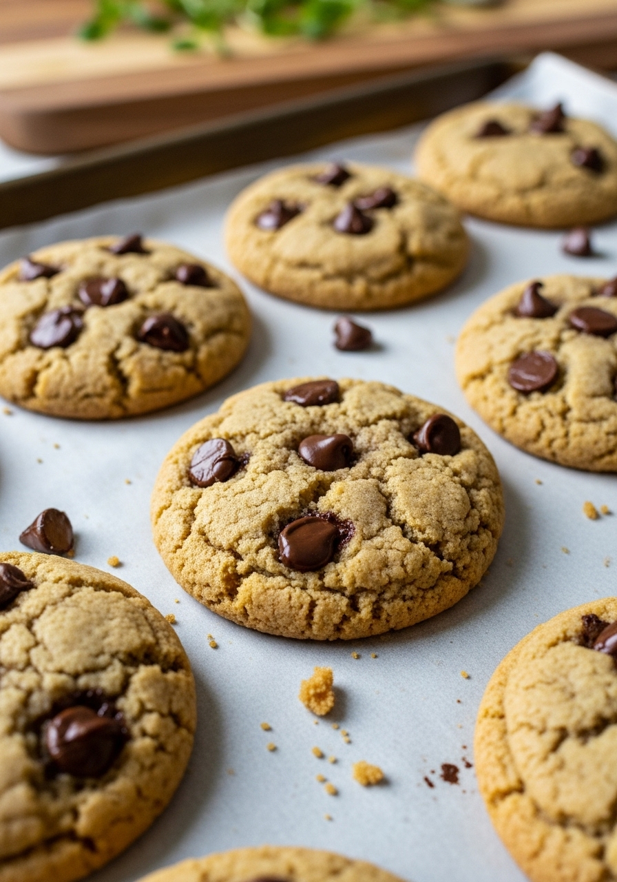 A close-up detail shot of the final, baked sheet pan cookies still in the pan, showcasing their golden-brown edges, slightly crinkled surface, and gooey melted chocolate chips. A few artful crumbs are visible on the parchment paper. The light catches the inviting texture, with the wooden cutting board and a hint of fresh herbs in the soft-focus background, under natural morning light. NO HANDS.