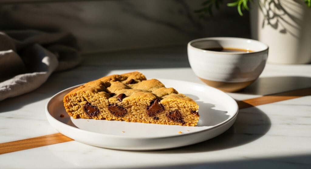 A slice of golden-brown sheet pan cookie, showcasing its chewy texture and visible melted chocolate chips, resting on a minimalist white plate. A small ceramic bowl of coffee sits nearby. The scene is set on marble countertops with subtle wood accents in natural morning light from the east window. Soft shadows are cast, and a small pot of fresh herbs is subtly visible in the background, maintaining a clean and tidy, warm-toned presentation. NO HANDS.