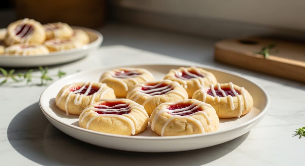 A beautifully composed, eye-level shot of several mouth-watering Shortbread Thumbprint Cookies on a minimalist white plate, featuring golden shortbread, vibrant red jam centers, and delicate white glaze drizzle. The scene is bathed in soft natural morning light from an east window, resting on light marble countertops with subtle wood accents in the background. Fresh herbs are subtly visible, creating a clean, tidy presentation with warm tones and gentle shadows, emphasizing the deliciousness of the homemade treats, no hands visible.