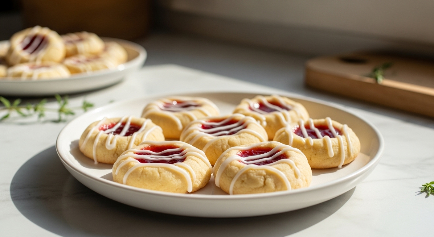 A beautifully composed, eye-level shot of several mouth-watering Shortbread Thumbprint Cookies on a minimalist white plate, featuring golden shortbread, vibrant red jam centers, and delicate white glaze drizzle. The scene is bathed in soft natural morning light from an east window, resting on light marble countertops with subtle wood accents in the background. Fresh herbs are subtly visible, creating a clean, tidy presentation with warm tones and gentle shadows, emphasizing the deliciousness of the homemade treats, no hands visible.