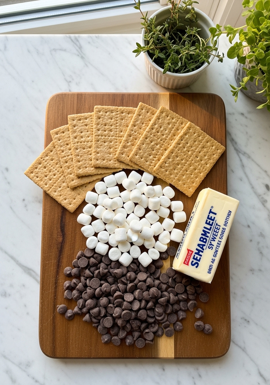 An overhead shot of key S'mores Cookies ingredients artfully arranged on the wooden cutting board on marble countertops. Visible are graham cracker sheets, mini marshmallows, semi-sweet chocolate chips, and a stick of butter, all bathed in soft natural morning light from the east window. Fresh herbs are in a small ceramic bowl in the background, creating warm tones. No hands.