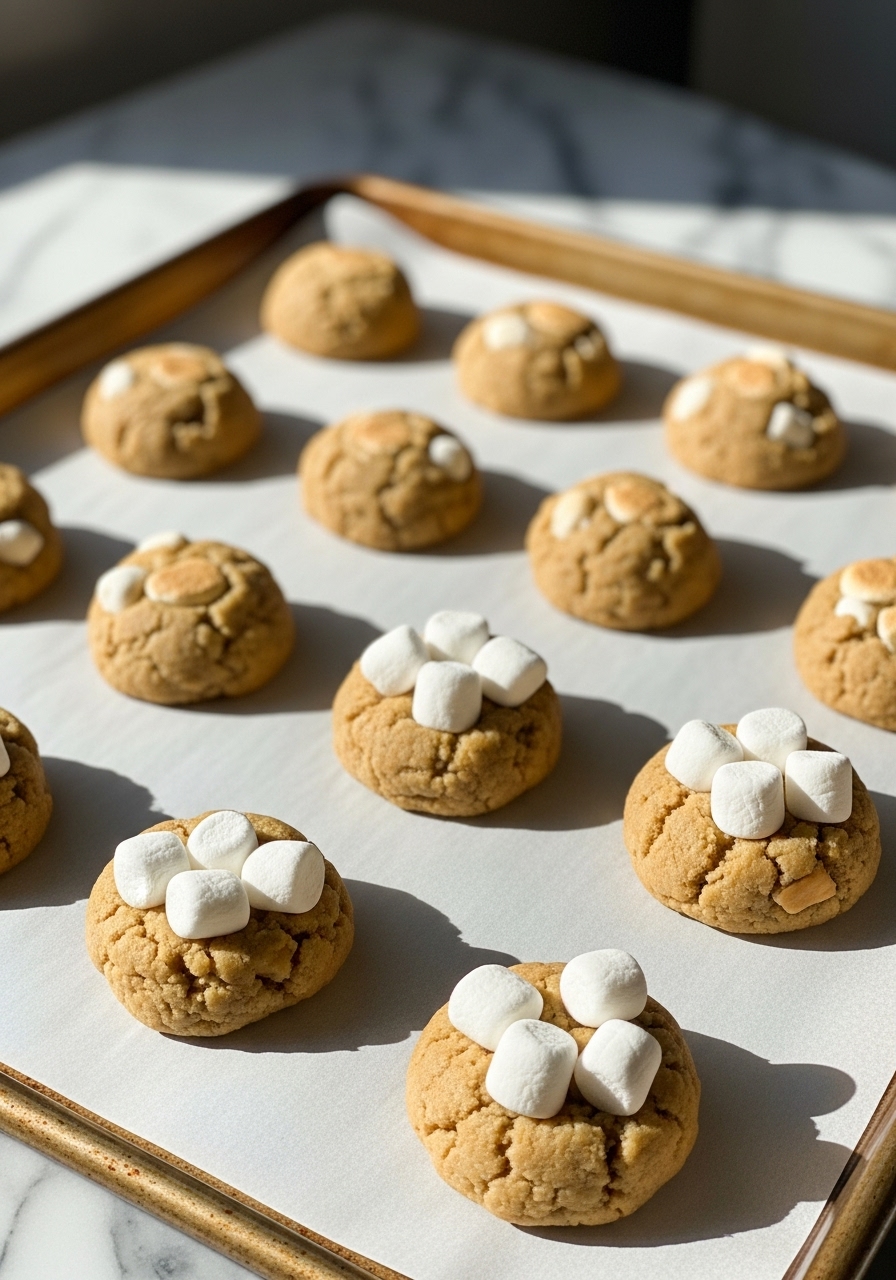 An action shot of a baking sheet filled with partially baked S'mores Cookie dough balls, with some cookies already having mini marshmallows gently pressed into their centers, captured mid-process on light parchment paper. The scene is on marble countertops with warm tones and soft shadows from the east window. No hands.
