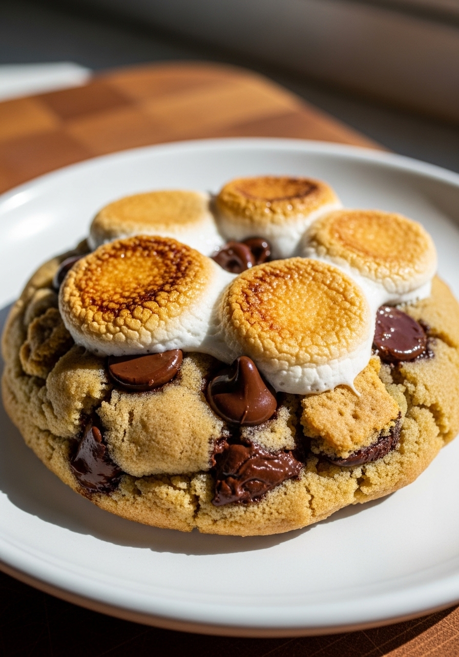 A super close-up detail shot of a freshly baked S'mores Cookie, showcasing its deliciously appealing gooey, caramelized marshmallow top and melted chocolate chips peeking out, with visible graham cracker crumbs embedded in the cookie. The cookie is on a minimalist white plate on the wooden cutting board, under natural morning light from the east window, emphasizing its irresistible texture. No hands.