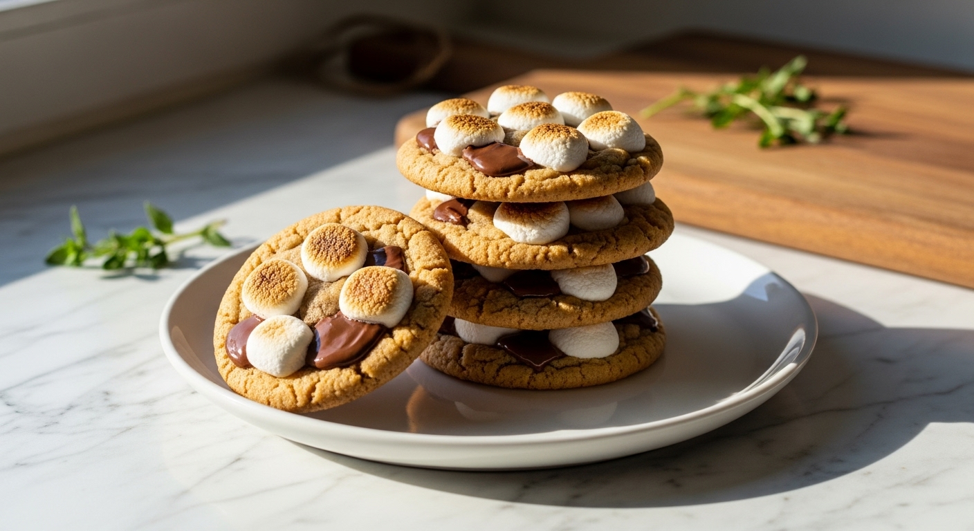 A beautifully plated stack of golden brown S'mores Cookies, featuring perfectly toasted mini marshmallows and melted chocolate, on a minimalist white plate, placed on marble countertops with a rustic wooden cutting board in the background, bathed in soft natural morning light from the east window. Fresh herbs are subtly visible, creating warm tones and soft shadows in a clean, tidy presentation. No hands.