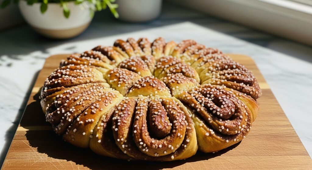 A beautifully baked, golden brown Cinnamon Snowflake Bread, glistening with coarse sugar, centered on a wooden cutting board against a backdrop of marble countertops with soft natural morning light from an east window. Fresh herbs are visible in a ceramic bowl in the softly shadowed background, creating a warm, clean, and tidy presentation with gentle soft shadows. No hands or people.