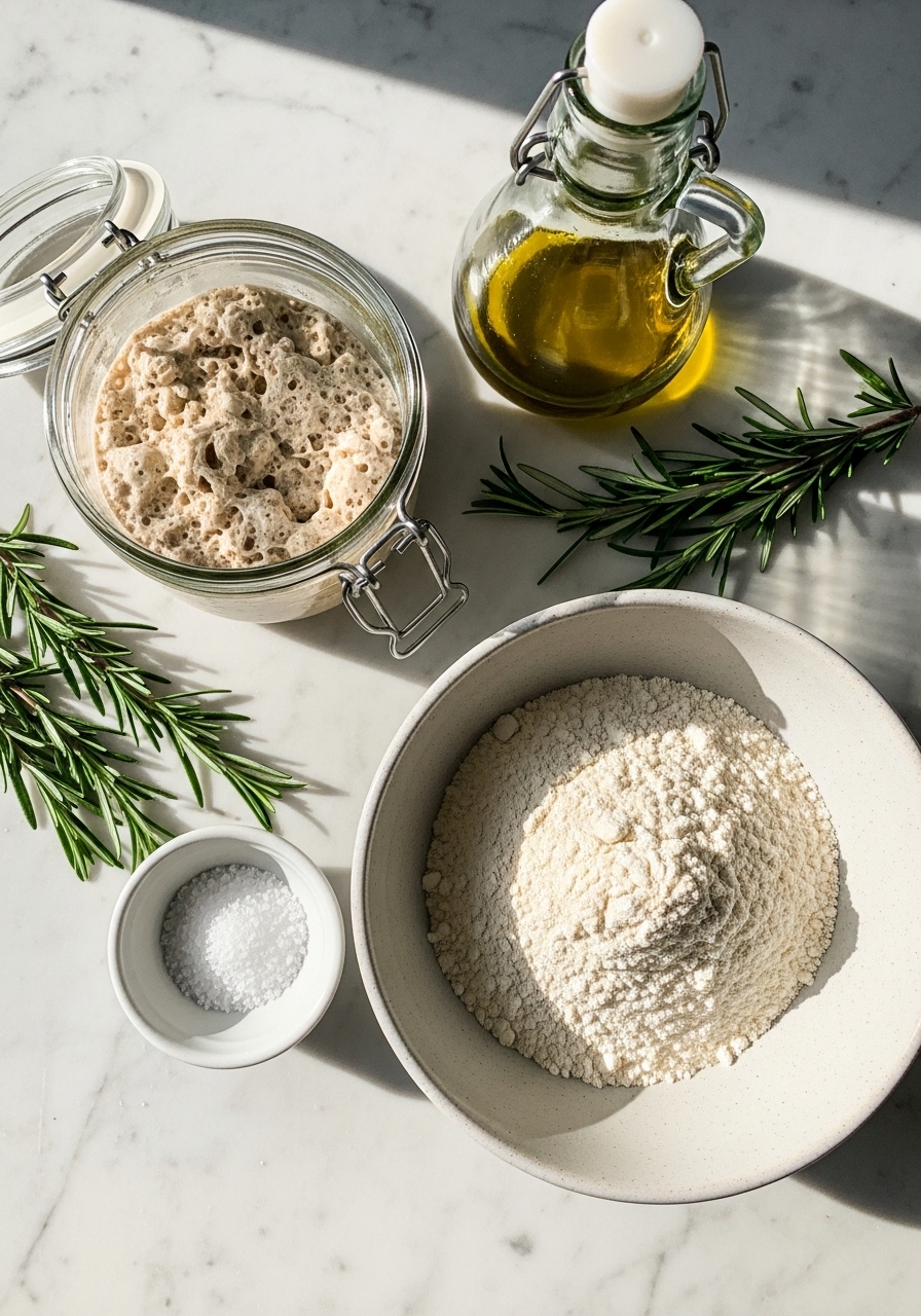 An overhead shot of key ingredients for Easy Sourdough Focaccia Bread on a marble countertop: active sourdough starter in a glass jar, a ceramic bowl with all-purpose flour, a small bowl of fine sea salt, a bottle of olive oil, and fresh sprigs of rosemary, all bathed in natural morning light. The setting is clean and tidy with soft shadows, ready for baking. No hands visible.