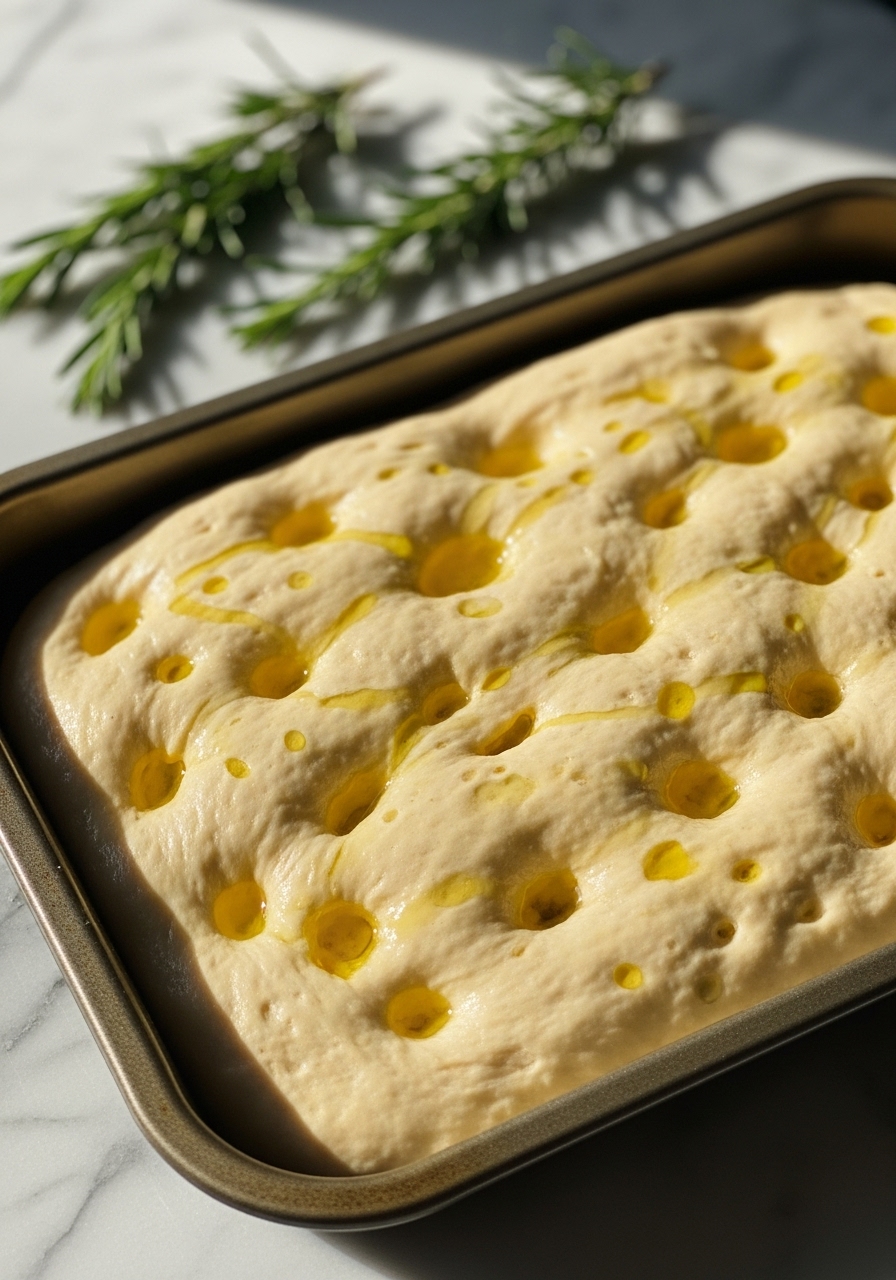 A close-up action shot of freshly dimpled Easy Sourdough Focaccia Bread dough in a 9x13 inch baking pan, generously drizzled with olive oil, ready for baking. The dough shows early signs of rising, with air bubbles visible beneath the surface. Sprigs of fresh rosemary are casually placed nearby on the marble countertop, illuminated by natural morning light, creating warm tones. No hands visible.