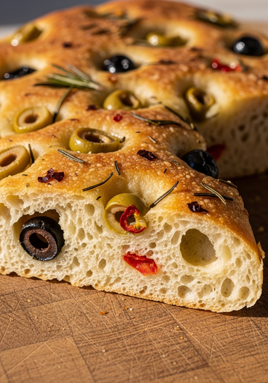A super close-up detail shot of a cut slice of golden brown Easy Sourdough Focaccia Bread, showcasing its open, airy crumb and the beautiful texture of the crust. The dimples are filled with glistening olive oil, and the green and black olives, rosemary, and red pepper flakes are prominent. It rests on the same wooden cutting board, with soft, natural morning light highlighting its delicious appeal. No hands visible.