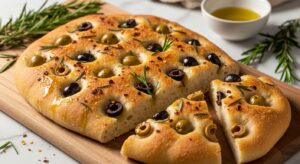 A delicious, perfectly golden brown Easy Sourdough Focaccia Bread, beautifully dimpled and adorned with a generous scattering of green and black olives, fragrant rosemary, and subtle red pepper flakes. A glistening drizzle of olive oil catches the natural morning light. The focaccia is sliced and presented on the same wooden cutting board, resting on a clean marble countertop, with soft shadows. A small ceramic bowl of olive oil for dipping and fresh rosemary sprigs are artfully placed in the background, exuding warm tones and a tidy, appetizing presentation. No hands visible.