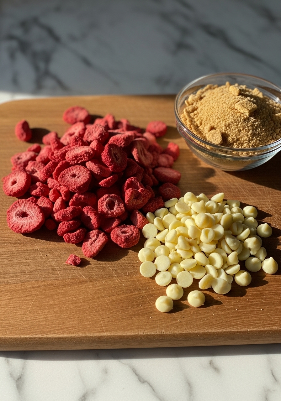 A 3:4 shot displaying the key ingredients for Strawberries and Cream Cookies laid out: a pile of vibrant, roughly chopped freeze-dried strawberries, a scattering of white chocolate chips, and a small bowl of graham cracker crumbs, all on the same wooden cutting board against marble countertops. Soft natural morning light illuminates the scene, creating warm tones and gentle shadows, with a clean and tidy arrangement.