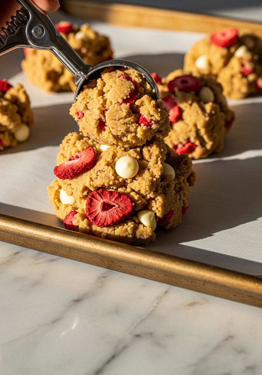A 3:4 action shot of cookie dough being scooped onto a parchment-lined baking sheet. The golden-brown dough is visibly mixed with bright red freeze-dried strawberry pieces, creamy white chocolate chips, and light brown crumbs. The baking sheet rests on marble countertops under natural morning light, capturing the authentic, lived-in feel of a home kitchen with warm tones and soft shadows.