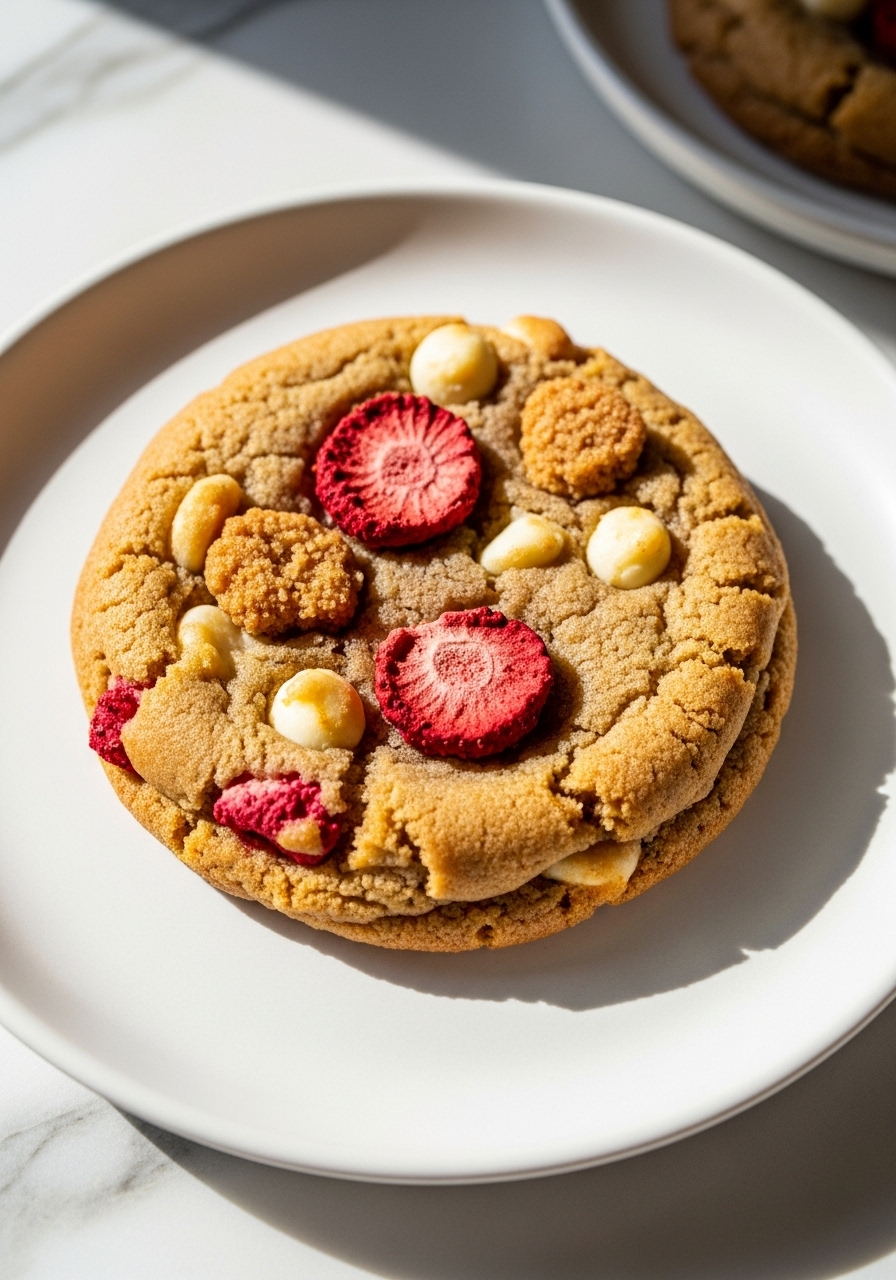 A detailed 3:4 close-up shot of a single golden-brown, chewy Strawberries and Cream Cookie, showcasing its rich texture and the prominent, colorful inclusions of freeze-dried strawberries, white chocolate chips, and light brown crumbs. The cookie rests on a minimalist white plate on marble countertops, with natural morning light emphasizing its delicious appeal, soft shadows, and warm tones.