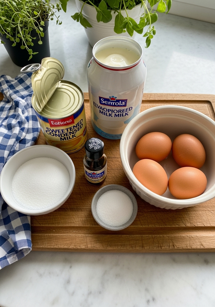 An inviting overhead shot of the key ingredients for Venezuelan Flan artfully arranged on the wooden cutting board. A can of sweetened condensed milk, evaporated milk, eggs in a ceramic bowl, vanilla extract, and sugar are visible, all bathed in natural morning light. Fresh herbs are visible in the background, hinting at a lived-in kitchen. The marble countertops are clean and tidy, creating a warm and authentic scene.