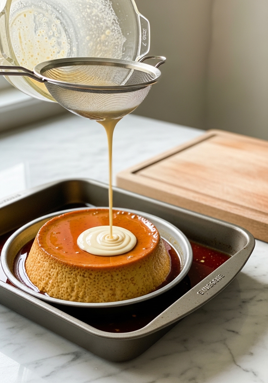 An action shot of the custard mixture being carefully poured through a fine-mesh sieve into a caramel-lined flan mold, which rests in a larger roasting pan on the marble countertops. The caramel is a rich amber, and the creamy liquid flows smoothly. Natural morning light illuminates the scene, creating soft shadows. The wooden cutting board is nearby, adding a warm touch to the clean and tidy presentation.