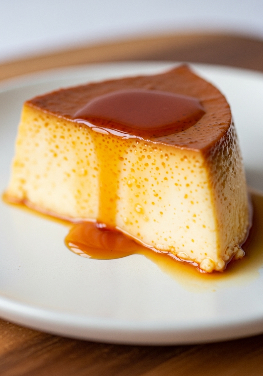 A super close-up detail shot of a slice of Venezuelan Flan on a minimalist white plate, showcasing its incredibly smooth, creamy texture and the rich, glossy caramel sauce cascading down its side. The flan has a perfect, wobbly consistency. Natural morning light creates gentle highlights, emphasizing the appetite appeal. A subtle wood accent is visible, maintaining the brand's visual identity.