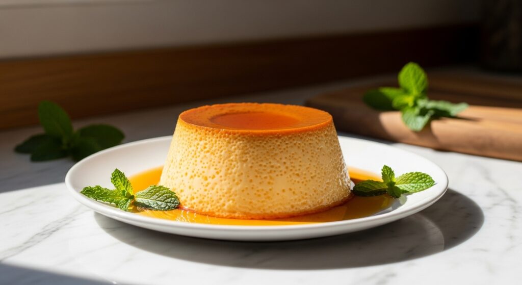 A gorgeous, golden-brown Venezuelan Flan, perfectly inverted on a minimalist white plate, with its glistening caramel pooling around the base. Shot with natural morning light streaming from an east window, highlighting the creamy texture and rich color. The marble countertops are visible, with a subtle wood accent peeking in the background. Fresh mint sprigs are artfully placed on the plate for garnish, and the wooden cutting board is subtly visible in the background. Soft shadows and warm tones create a deliciously appealing, clean presentation.