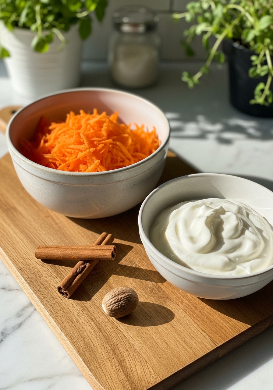 A vertical shot of key ingredients for Yogurt Carrot Cake Muffins: a ceramic bowl filled with finely shredded carrots, a bowl of plain Greek yogurt, a few cinnamon sticks, and a whole nutmeg on the wooden cutting board. All bathed in natural morning light on marble countertops, with fresh herbs visible in the background. The scene is clean, tidy, and warm-toned. NO HANDS.