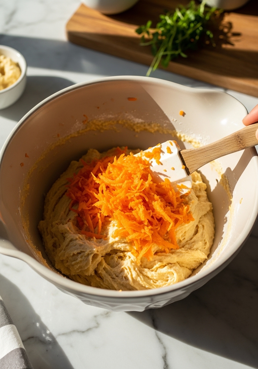 A vertical action shot of muffin batter in a ceramic mixing bowl on marble countertops. A wooden spatula is gently folding in finely grated carrots, showing the texture of the batter and the vibrant orange carrots. Natural morning light creates soft shadows. The same wooden cutting board is subtly visible in the background, with fresh herbs nearby. The scene is authentic and inviting. NO HANDS.