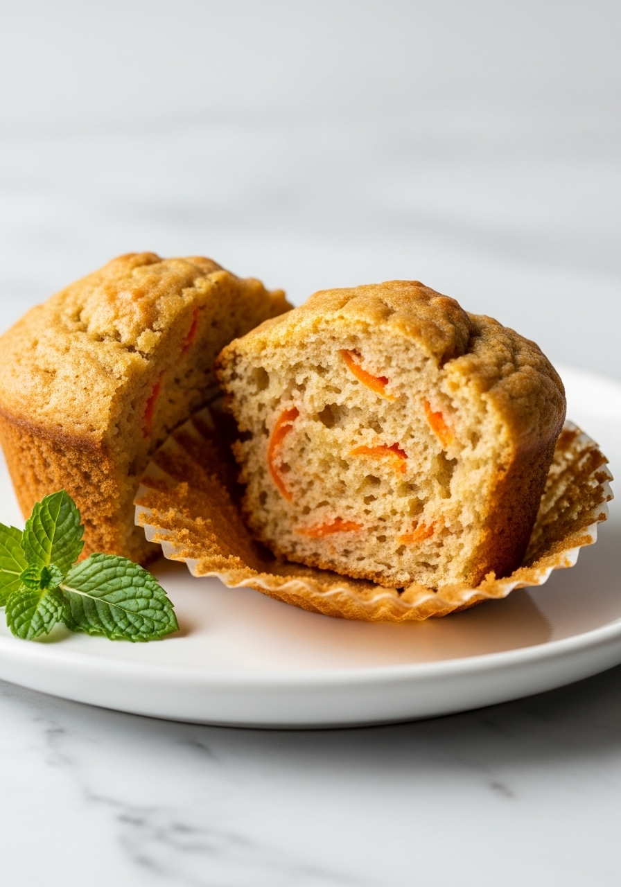 A close-up vertical detail shot of a freshly baked Yogurt Carrot Cake Muffin, split slightly to reveal its incredibly moist, tender crumb and speckles of bright orange carrot. It rests on a minimalist white plate on marble countertops. Soft natural morning light highlights the golden-brown top and its delicious texture. A sprig of fresh mint casually rests beside it, adding a touch of green. Insanely yummy and warm-toned. NO HANDS.