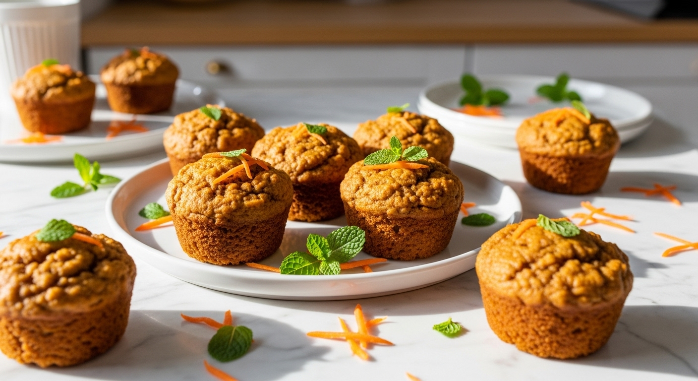 A beautifully styled horizontal shot of several warm, golden-brown Yogurt Carrot Cake Muffins arranged artfully on a minimalist white plate on marble countertops with subtle wood accents. Natural morning light casts soft shadows. Fresh mint sprigs and a few scattered shredded carrots are visible as garnishes, adding vibrant color. The background shows hints of the lived-in kitchen, clean and tidy. Deliciously appealing, rich with warm tones. NO HANDS.